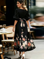 French Retro V-Neck Floral Dress, Puff Sleeve Waist-Cinching Tie-Belt Long Dress for Dates, Afternoon Tea, And Commuting - Black