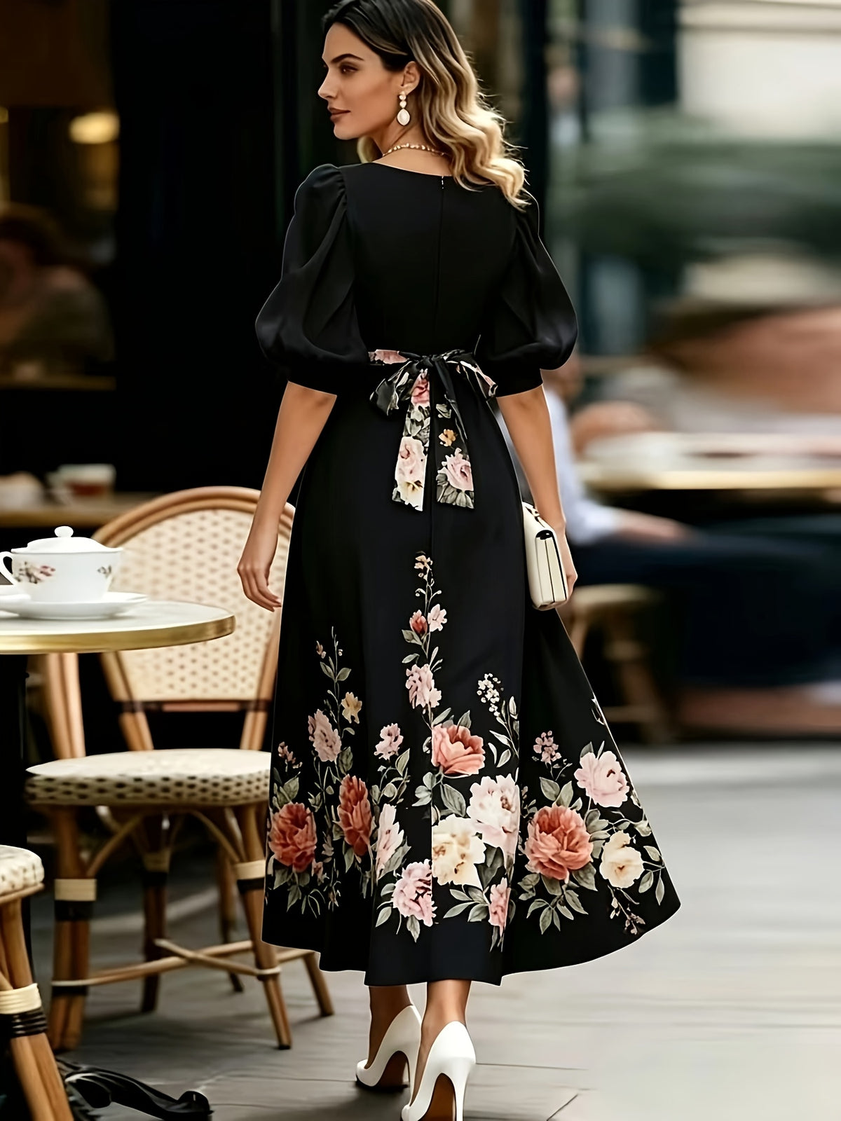 French Retro V-Neck Floral Dress, Puff Sleeve Waist-Cinching Tie-Belt Long Dress for Dates, Afternoon Tea, And Commuting - Black