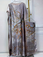 Tree Print Crew Neck Kaftan Dress, Elegant Batwing Sleeve Loose Fit Maxi Dress with A Hijab, Women's Clothing - Light Purple