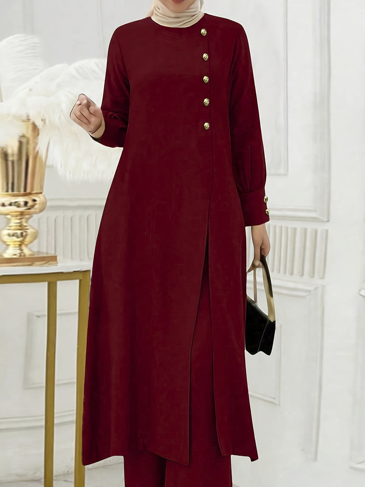 Ramadan, Women's Front-Button Long Sleeve Slit Dress & Pants Casual Arabic Style 2pcs Set, Only Clothes, Without Headscarf - Burgundy