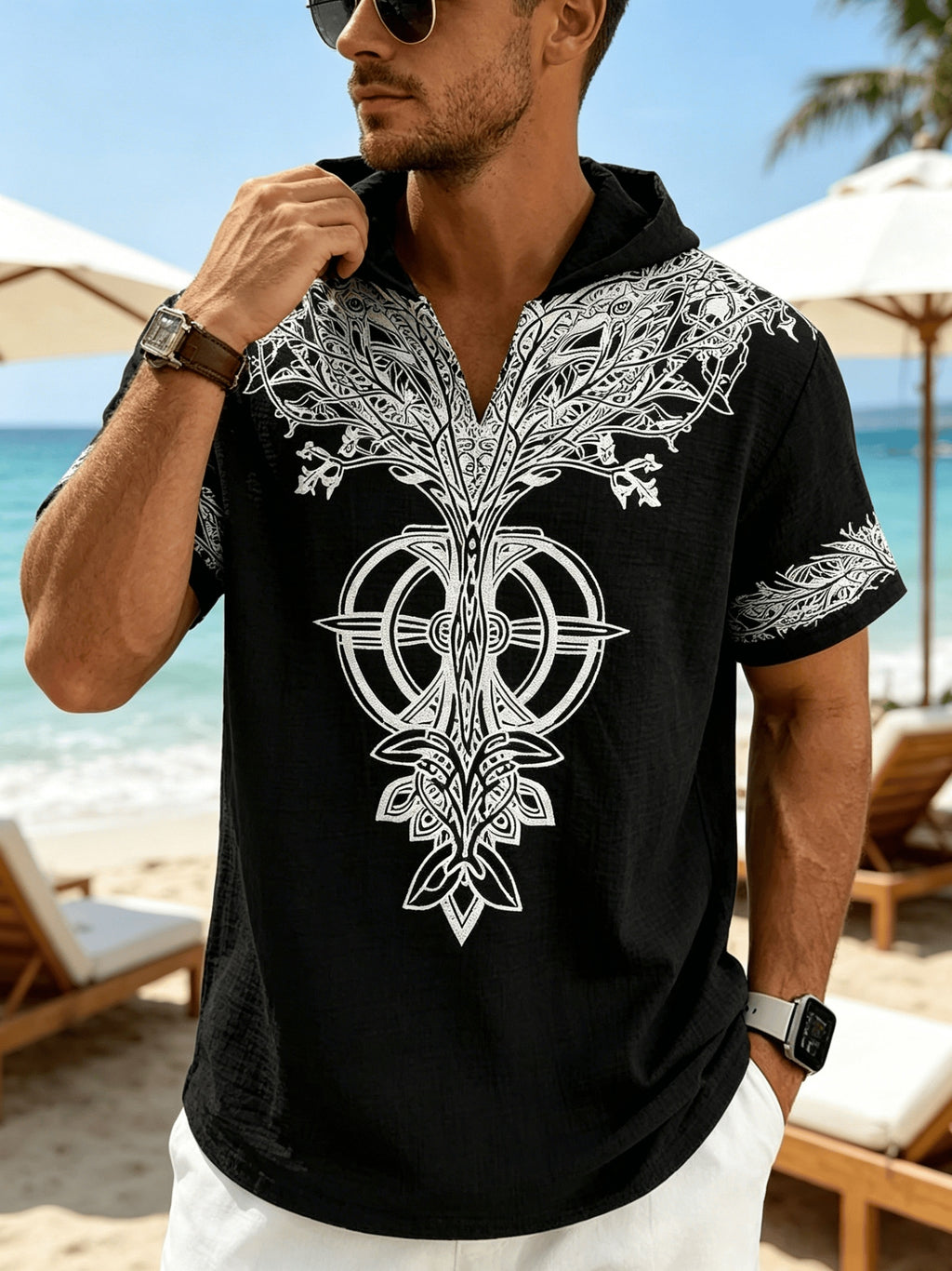 Western Retro Men'S Hooded Short Sleeve Shirt Thin Breathable Totem Print Half-Button Loose Casual Beach Vacation Men'S Clothing - Black