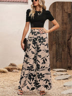 Elegant Wide-Leg Long Pants with Floral Prints for Women - Khaki