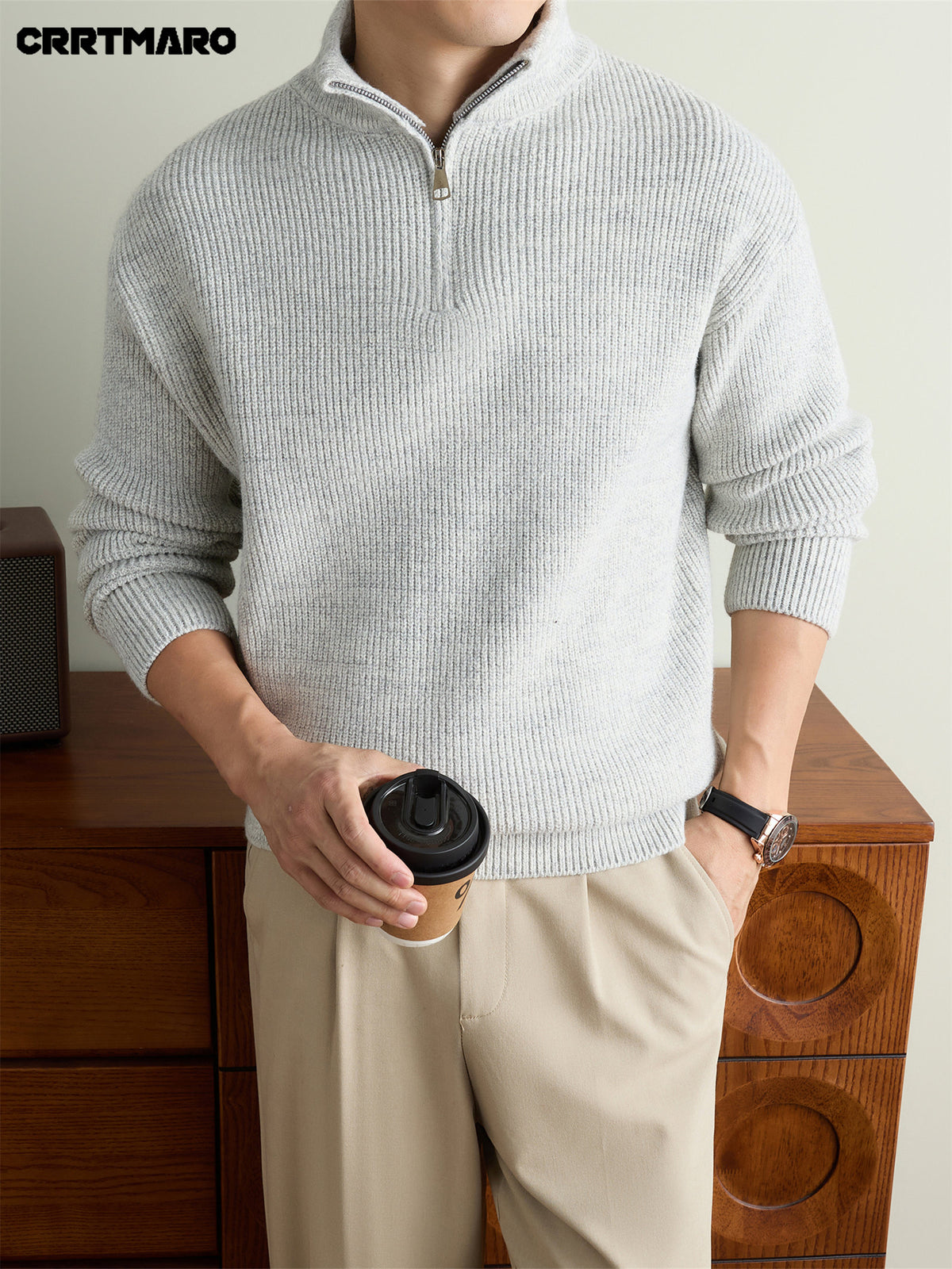 Men'S Heavyweight Thick Zip Neck Stand Collar Mock Neck Pullover Sweater, Warm Casual Layering Top for Fall And Winter - Gray White