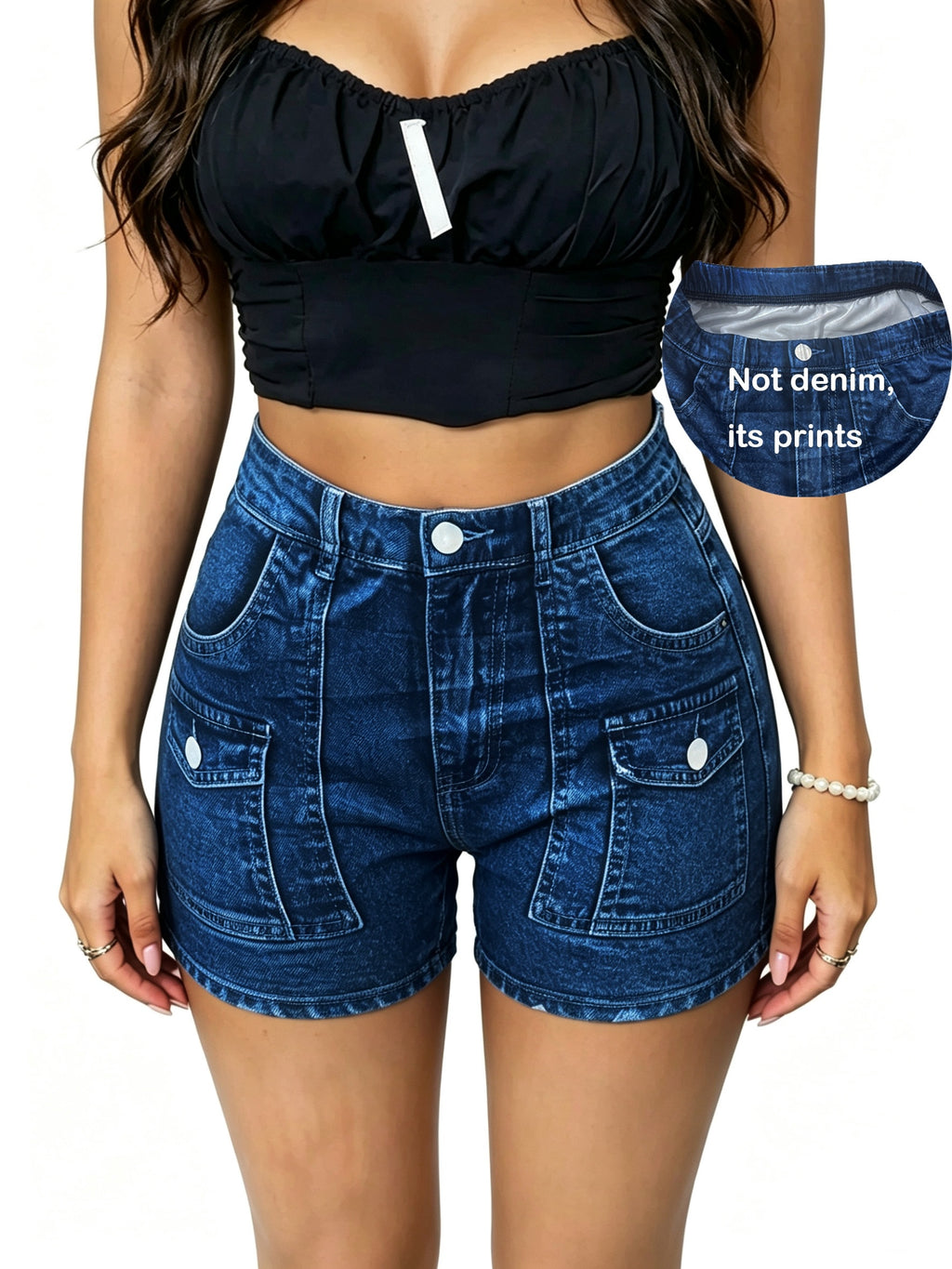 【imitation denim】[Printed Pants - Not Faux Denim Fabric]High-Waisted, High-Stretch, Imitation Faux Denim Printed Skinny Shorts, Base Pants - Blue