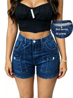 【imitation denim】[Printed Pants - Not Faux Denim Fabric]High-Waisted, High-Stretch, Imitation Faux Denim Printed Skinny Shorts, Base Pants - Blue