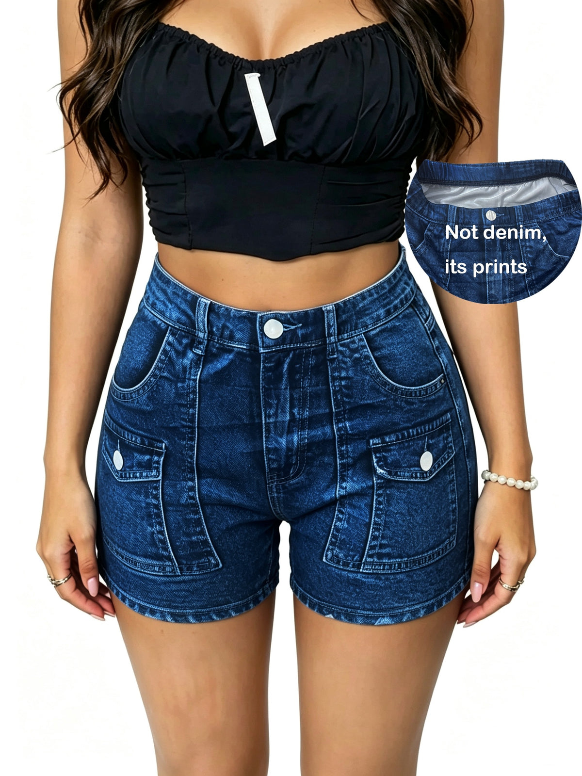 【imitation denim】[Printed Pants - Not Faux Denim Fabric]High-Waisted, High-Stretch, Imitation Faux Denim Printed Skinny Shorts, Base Pants - Blue