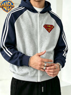 [WB Warner Official] Autumn/Winter Men's Raglan Sleeve Colorblock Hooded Zip-Up Sweatshirt, Superman Vintage Cracked Shield Logo Print, Loose Fit Contrast Stripe Sport Hoodie, Trendy Brand Fashion Casual Versatile Sporty Zip Pocket Hooded Men's - Navy Blue And Grey