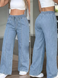 Thickened Elastic Waist Drawstring, Light Blue Washed Straight Wide-Leg Denim Women'S Long Pants, Slanted Pocket, Side Pocket, Home Wear, Comfortable Fit, Outdoor Casual, Fashion Street Style, Work And Life, Elegant Women'S Trousers - Light Blue