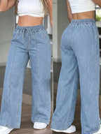 Thickened Elastic Waist Drawstring, Light Blue Washed Straight Wide-Leg Denim Women'S Long Pants, Slanted Pocket, Side Pocket, Home Wear, Comfortable Fit, Outdoor Casual, Fashion Street Style, Work And Life, Elegant Women'S Trousers - Light Blue