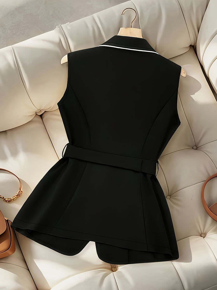 Women's White-trimmed Contrast-color Lapel Waist-cinching Vest Jacket, Includes Belt - Black