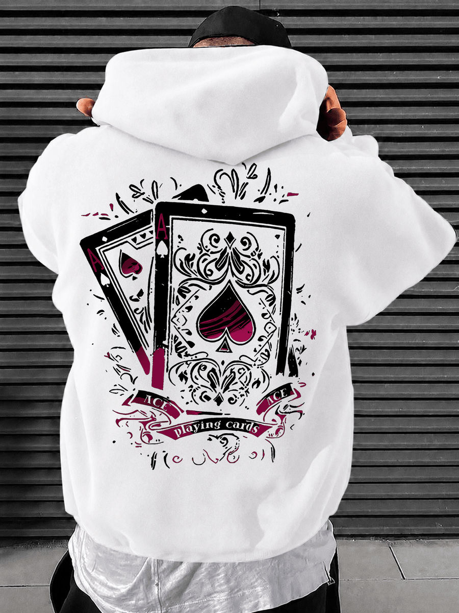 Men's Hooded Sweatshirt with Playing Card Print, Street Style Loose Fit Long Sleeve Pullover, Casual Sportswear Top - White