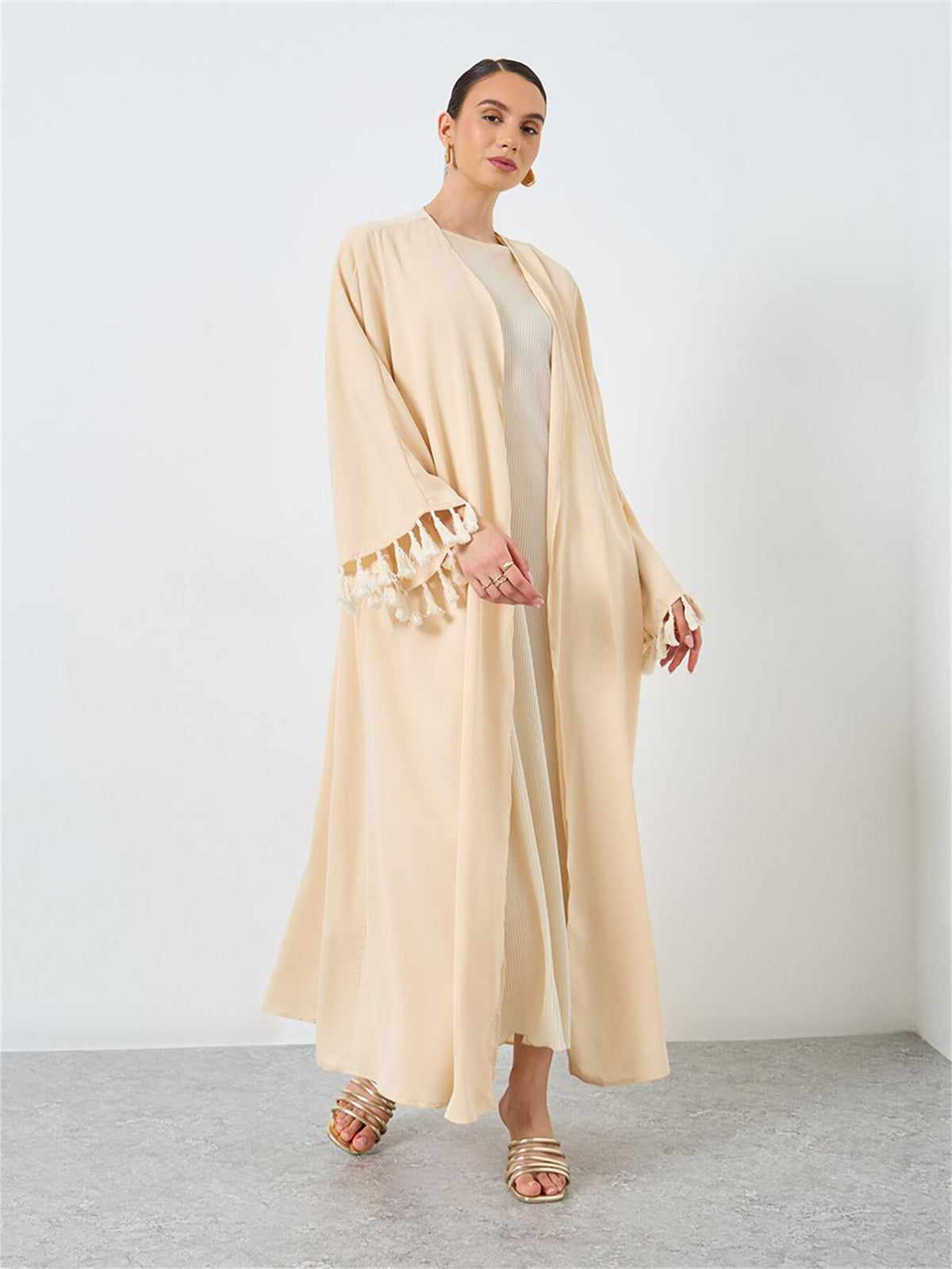 1pc Middle Eastern Ramadan Traditional Dress Elegant Abaya Solid Color Robe Abaya Loose Tassel Kimono Style Cardigan Outer Robe Women - Apricot