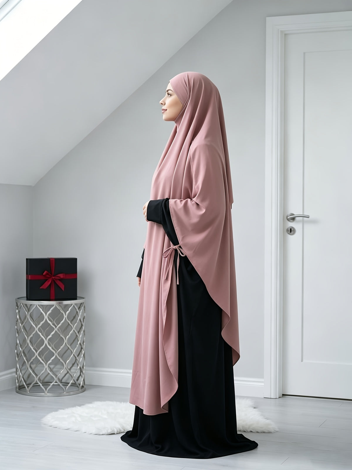 A Solid Color Nidaga Prayer Jilbab. The Fabric Is Skin-friendly and Breathable, Making It Suitable for Women to Wear and Pray Daily. The Robe Abaya Features a 1pc Design with a Khimar, Offering a Strong Drape and a Loose Fit, Ideal for Busy Daily - Pale Pinkish Gray