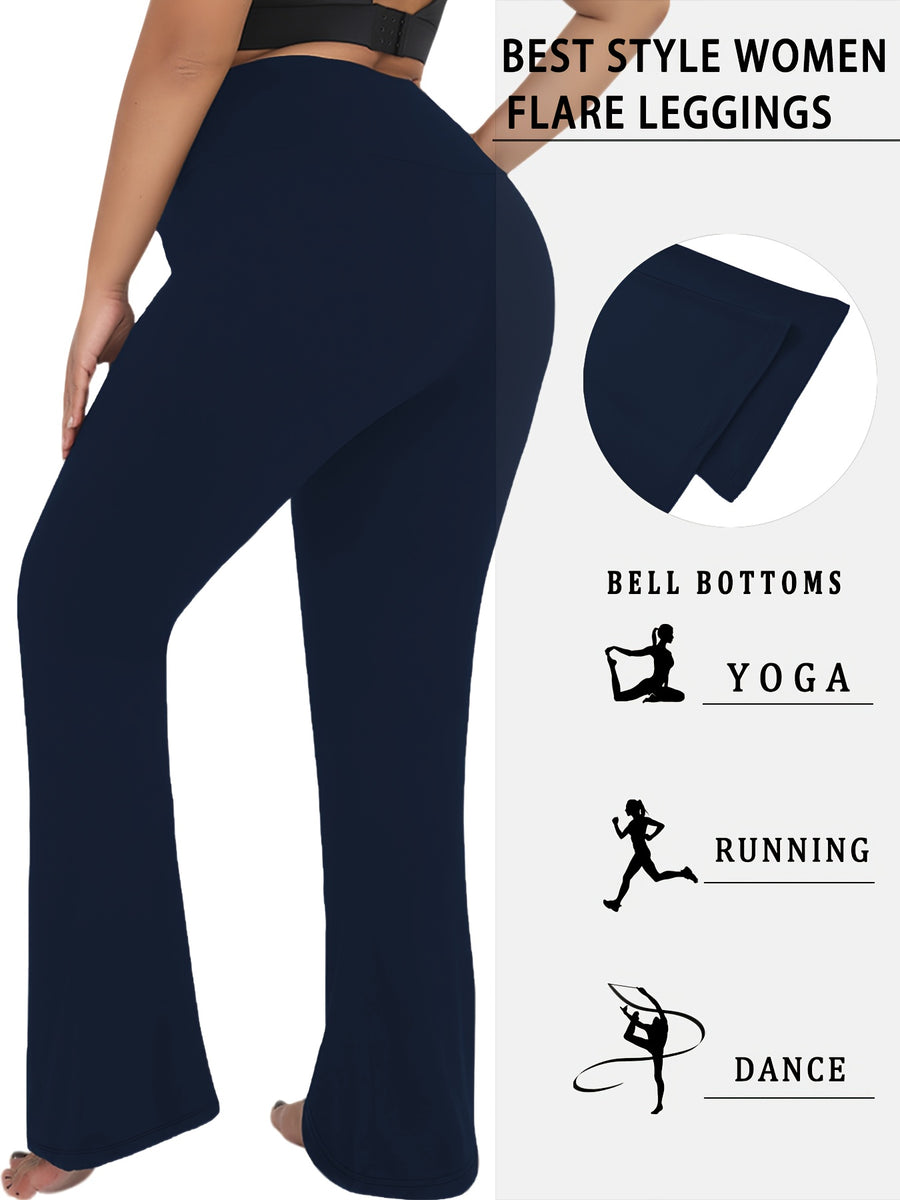 Plus Size Women's Super Soft High Waisted Flare Pants, Leggings Tummy Control Soft Bootleg Bell Bottoms - Navy Color