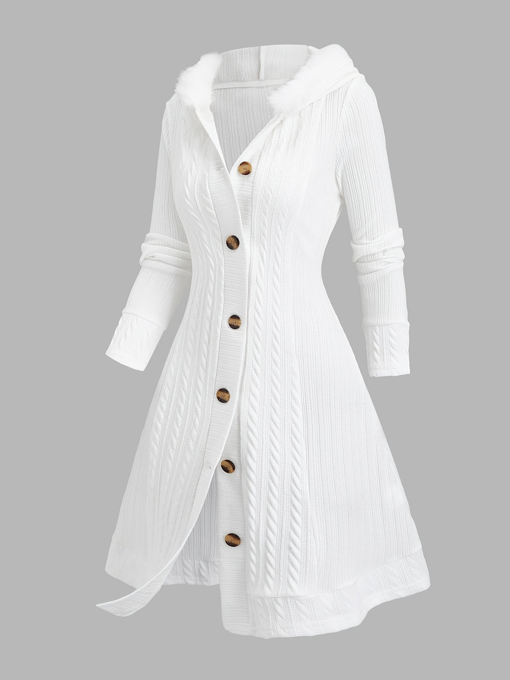 Y2K Cable Plaid Patchwork Hooded Button-Up Long Cardigan - White