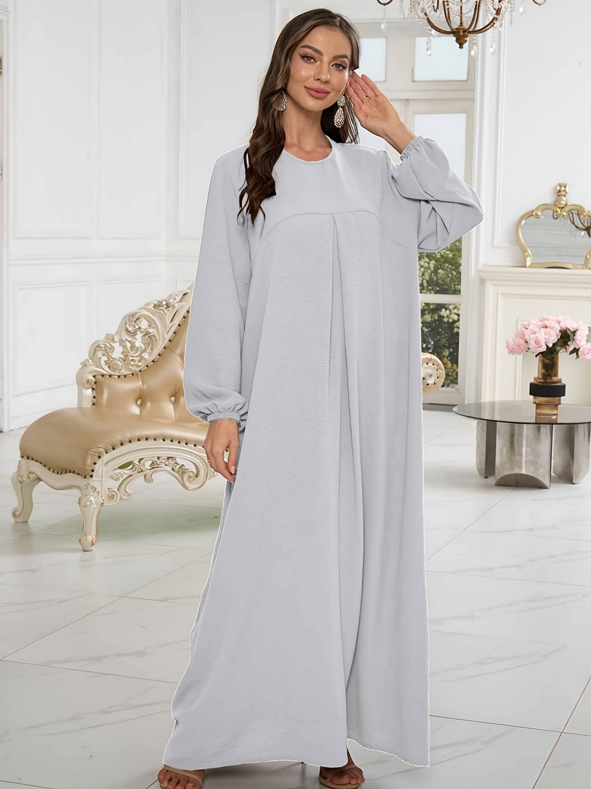 1pc Stylish Holiday Attire, Featuring a Relaxed Fit And Versatile Solid Color, Perfect for Everyday Use. This Comfortable And Casual Women'S Abaya Dress Is Ideal for Muslim Women, Offering Long Dresses And Elegant Robes for Ladies - Light Grey