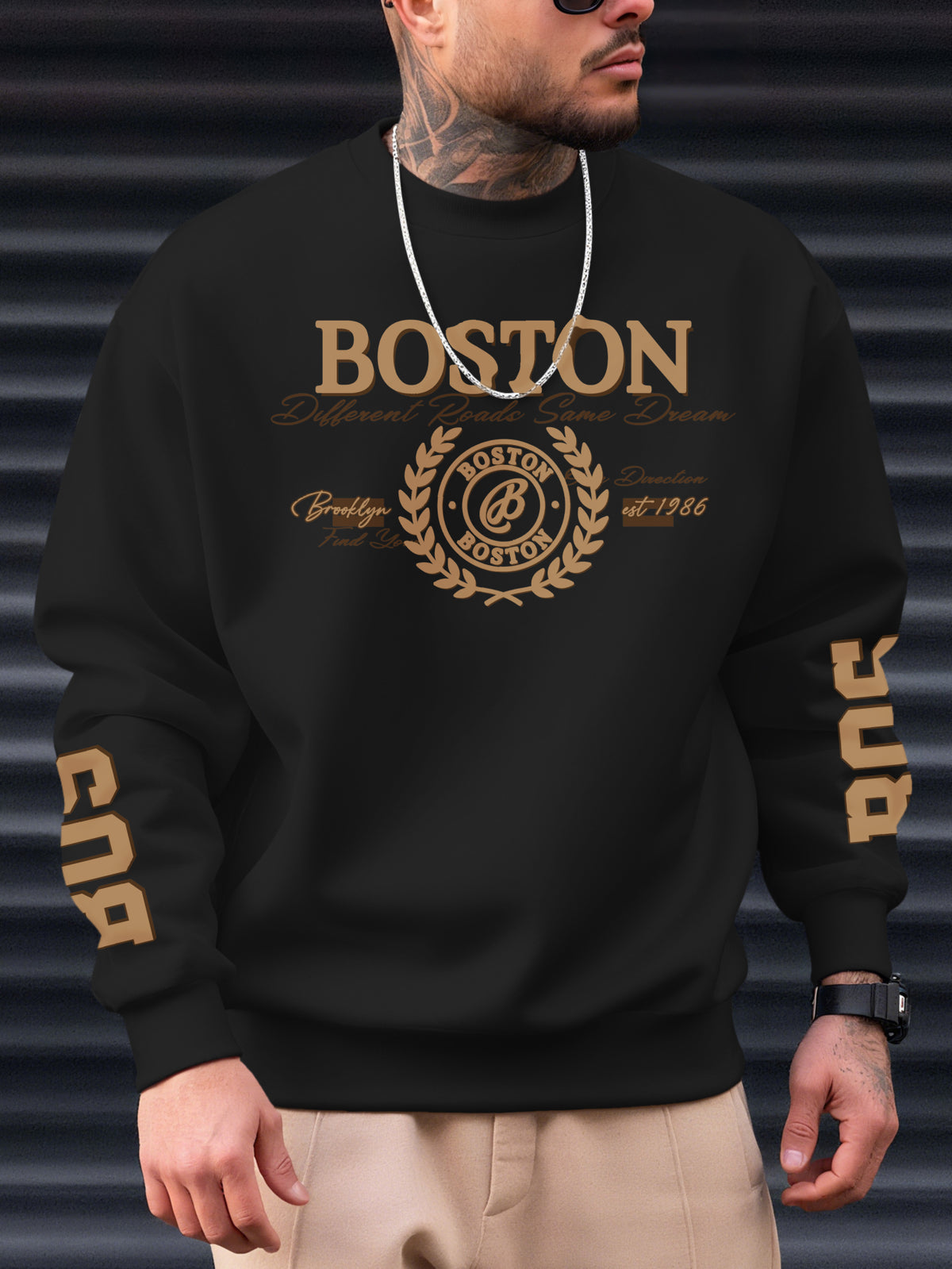 New Men's Crewneck Sweatshirt, Street Style with City Name Letter Print for a Trendy Look - Black