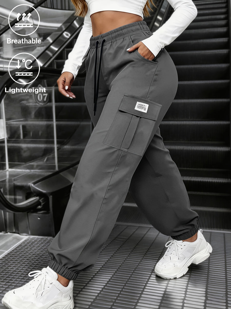 New Spring/Autumn Women's Long Pants, Solid Color Comfortable and Breathable Cargo Pants with Elastic Waistband, Drawstring, Large Pockets, Street Style Pants for Daily Outings and Outdoor Wear - Grey