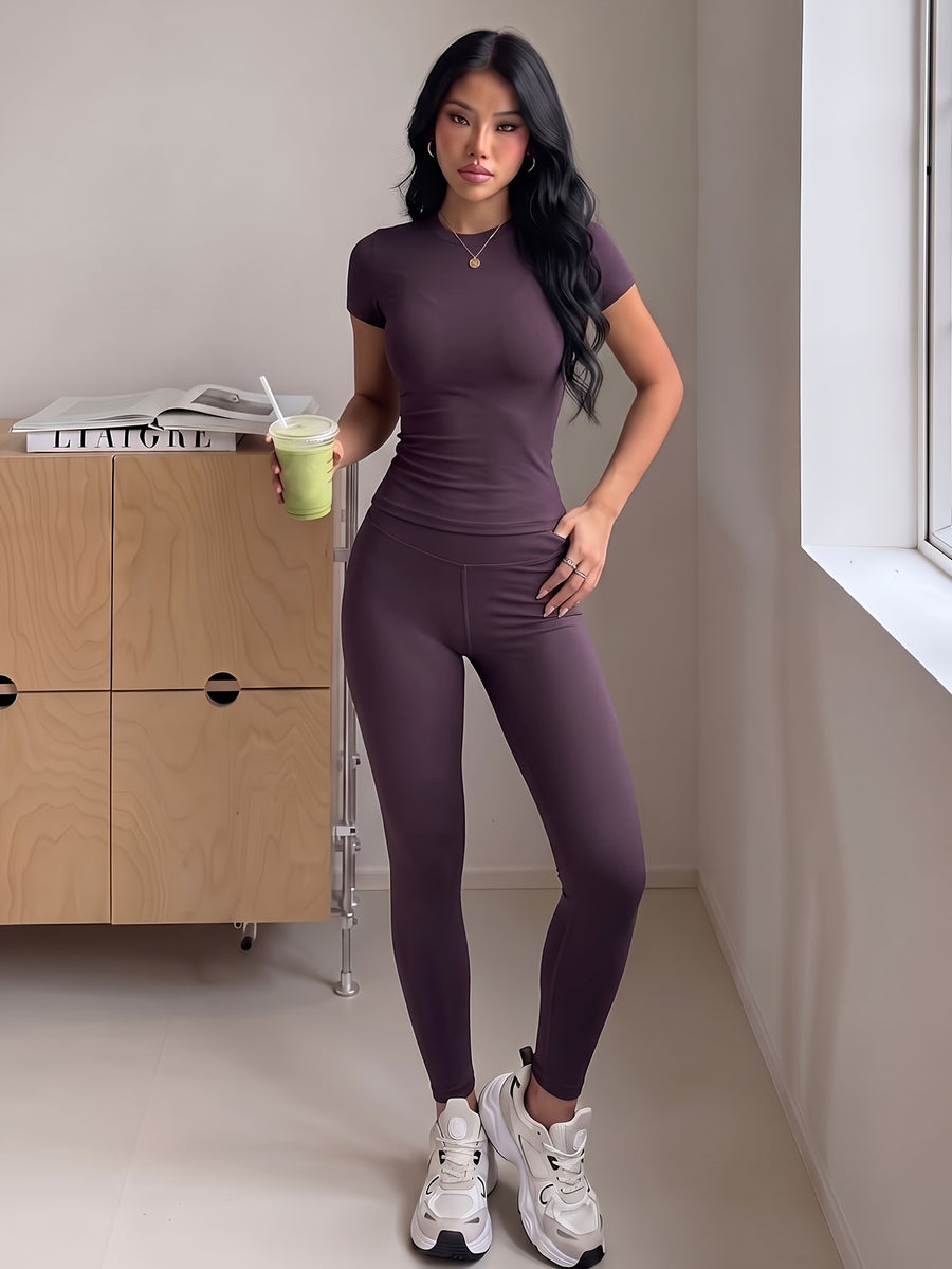 Round Neck Short Sleeve High-Waist Butt-Lifting Pants Set, Stretchy Nude-Feel Skin-Friendly 2pcs Set, Quick-Drying Breathable Wear, Tummy Control Peach Butt Training Outfit, Versatile Wearable Outer Casual Swear. 4-Way Stretch with Zero Restriction - Deep Purple