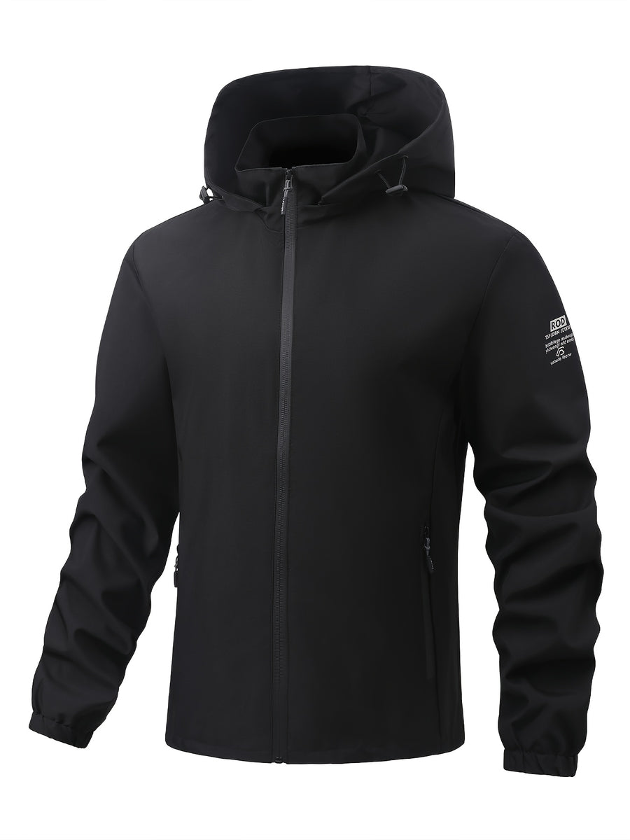 Outdoor Men'S Hooded Jacket Solid Color Breathable Sleeve Print Commuting Sports Windbreaker Suitable for Daily Work Scenes - Black