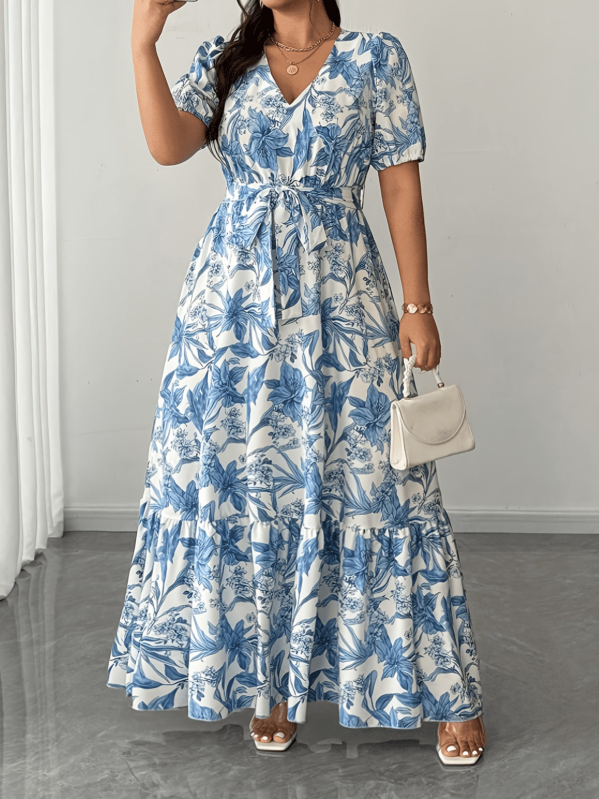 Plus Size - Elegant V-Neck Printed Tie Short-Sleeved Flared Long Dress, Fashionable Design, Plus-Size Long Dress for Spring, Summer And Autumn, Plus-Size Vacation Dress - Milky