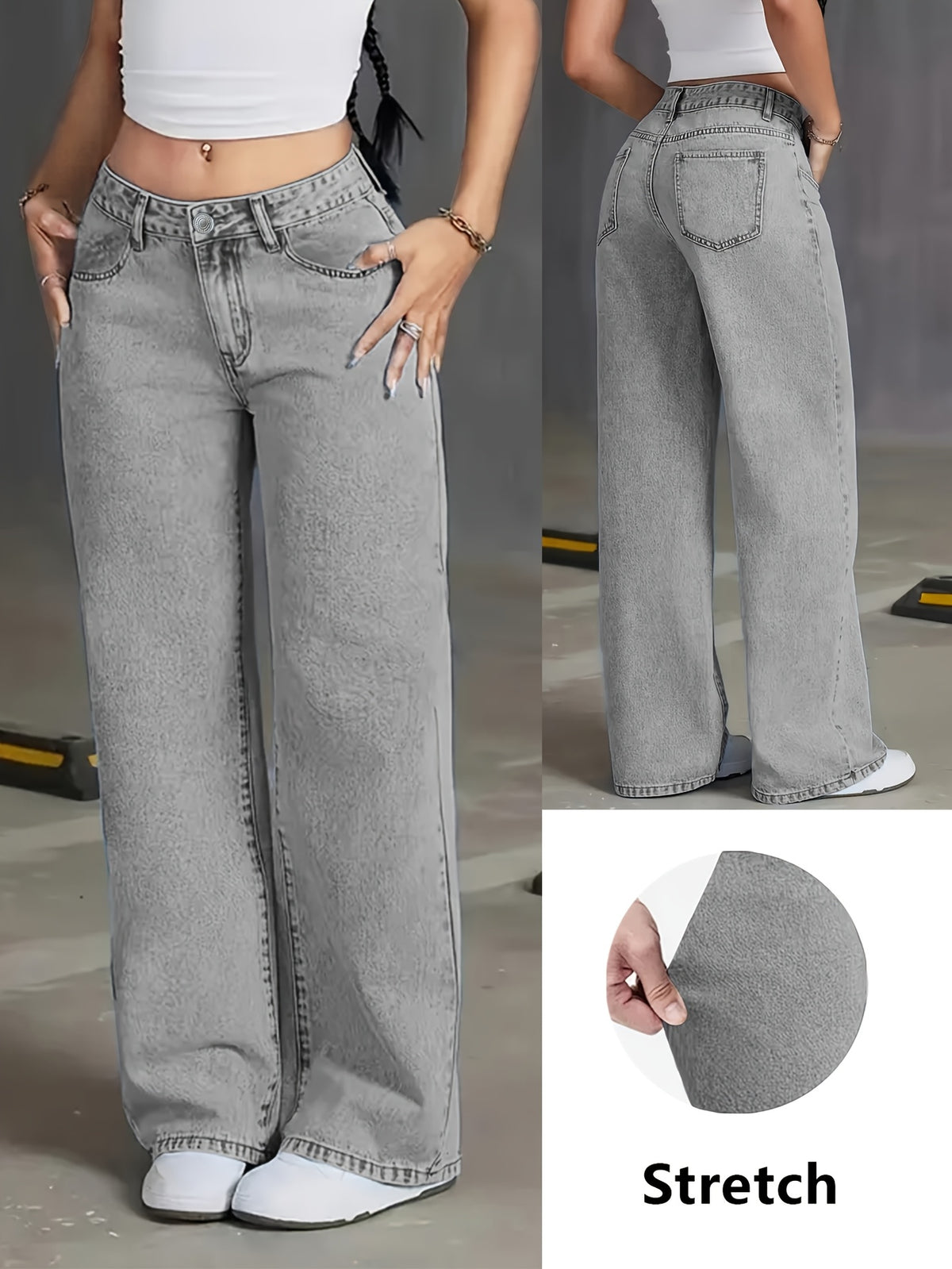 DK85608 X Y2K High-Waist Grey Washed Wide-Leg Jeans - 90S Retro Loose Women'S Denim, Slight Stretch Casual Street Style - Grey
