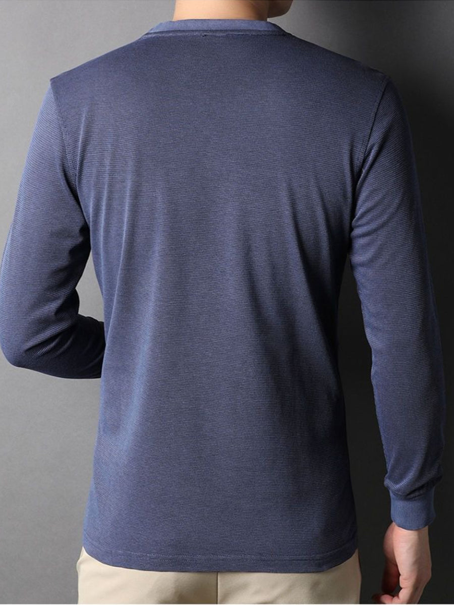 Men'S Distressed Waffle Long Sleeve Round Neck Top, Shoulder Patchwork And Pocket Design, Retro Casual Style - Navy Color