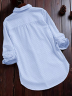Women'S Autumn Casual Vintage Commute Long Sleeve Checkered Striped Shirt - Powder blue