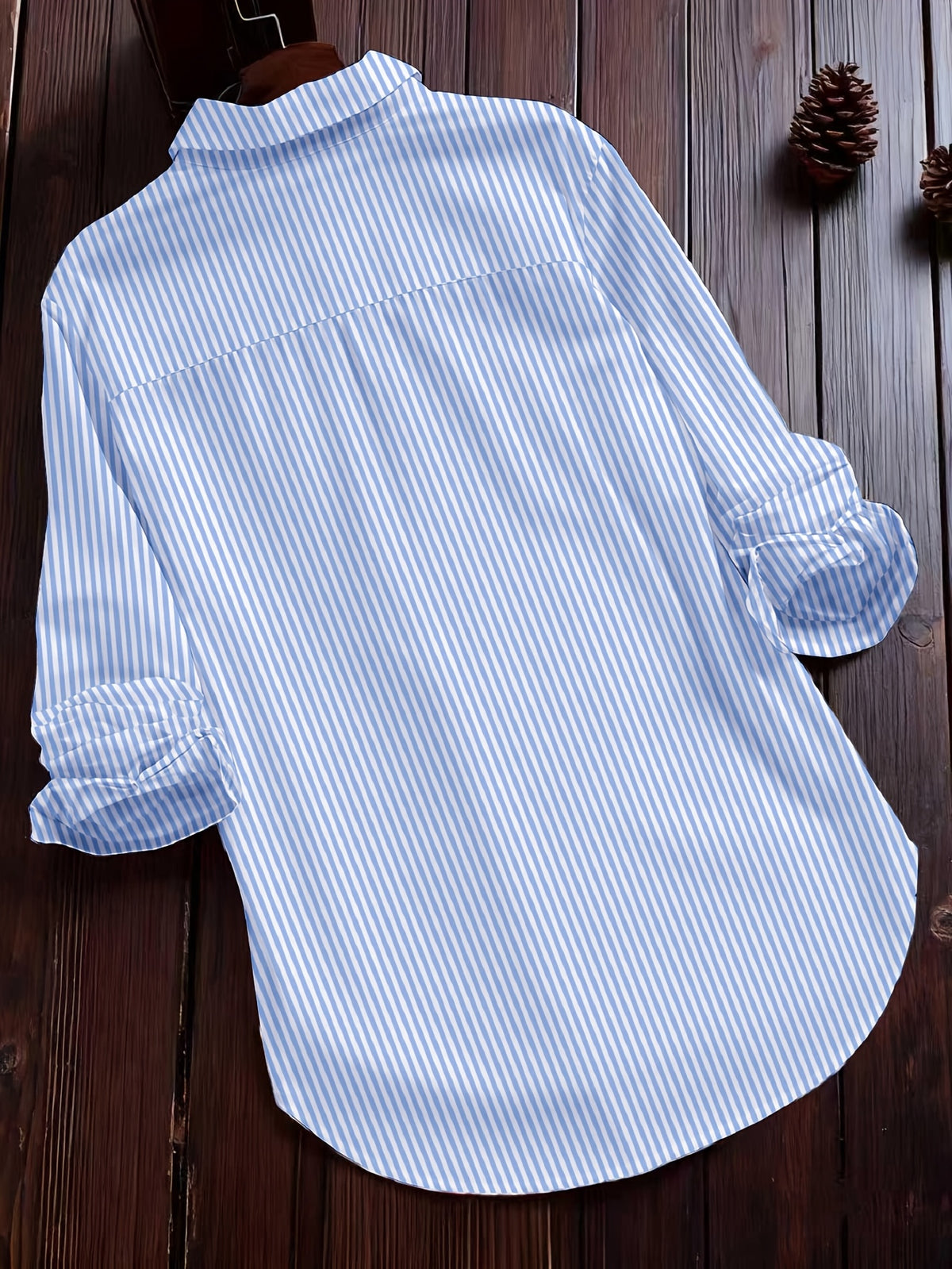 Women'S Autumn Casual Vintage Commute Long Sleeve Checkered Striped Shirt - Powder blue