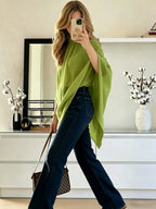 Women'S Asymmetrical Hem Chiffon Top, Casual Commute Blouse, Inner Layer Not Included - Dark green