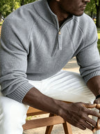 Men's Business Casual Quarter Zip Knit Pullover, Raglan Sleeve Textured Ribbed Trim Slim Fit Sweater for Fall Winter Daily Office & Weekend Outings - Medium Grey