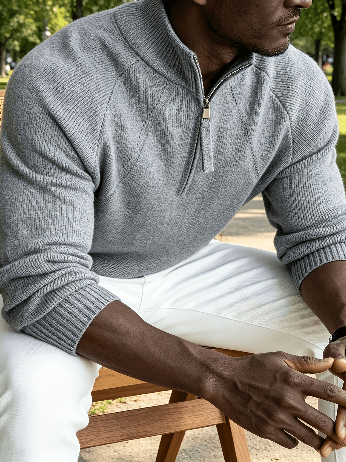 Men's Business Casual Quarter Zip Knit Pullover, Raglan Sleeve Textured Ribbed Trim Slim Fit Sweater for Fall Winter Daily Office & Weekend Outings - Medium Grey