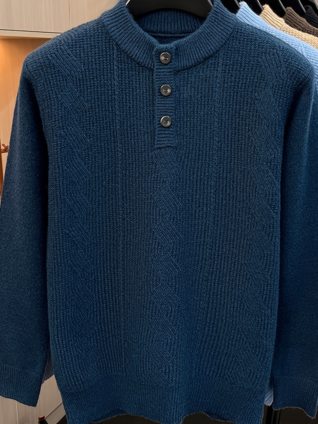 Spring And Autumn Men'S Half-Button Henley Collar Knit Sweater 3D Jacquard Texture Warm Easy And Atmospheric Middle-Aged Men'S Commuter Pullover - Black Blue