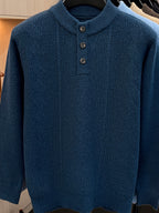 Spring And Autumn Men'S Half-Button Henley Collar Knit Sweater 3D Jacquard Texture Warm Easy And Atmospheric Middle-Aged Men'S Commuter Pullover - Black Blue