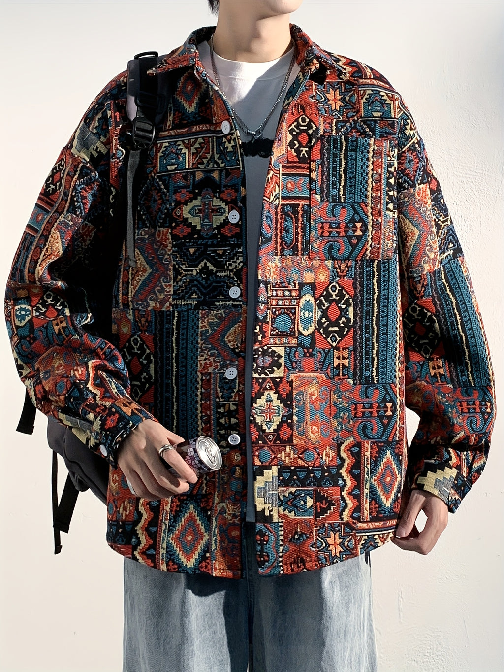 Men'S Sportswear Button-Up Shirt, a Stylish Casual Ethnic Long-Sleeve Shirt Jacket for Men, Made of Thick Composite Fabric, Featuring a Loose Fit, Perfect for Everyday Casual Wear - Red