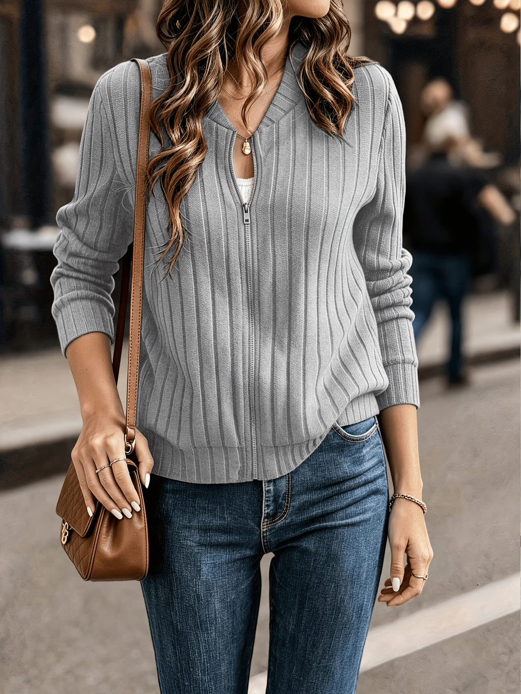 Elegant Directional, Elegant Solid Color Ribbed Zipper Long-Sleeve Jacket Coat - Autumn/Winter Style, Suitable for Commuting, Elegant Casual Wear, Wear - Grey
