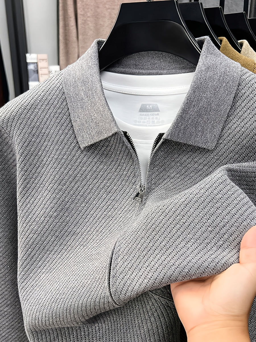Men's Lapel Zipper Twill Knit Cardigan, Featuring a Classic Small Lapel Structure That Distinguishes It from Ordinary Crewneck Sweaters, Exuding a Sharp and Capable Business Aesthetic - SINBOS - Grey