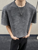 Men'S Hong Kong Style Highlight Twill Short-Sleeve T-Shirt, Summer Lazy Style Loose Crew Neck Half-Sleeve Top - Grey