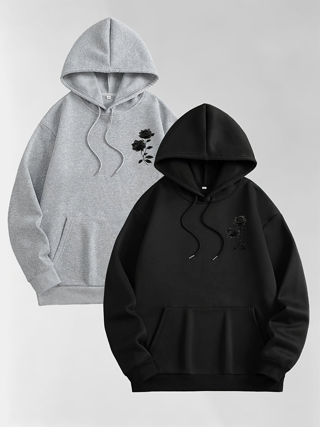 Men'S Autumn Winter Letter Print Hooded Fleece-Lined Sweatshirt, All-Match Sport Casual Loose Hooded Sweatshirt 2pcs Set - Black-Grey-