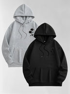 Men'S Autumn Winter Letter Print Hooded Fleece-Lined Sweatshirt, All-Match Sport Casual Loose Hooded Sweatshirt 2pcs Set - Black-Grey-