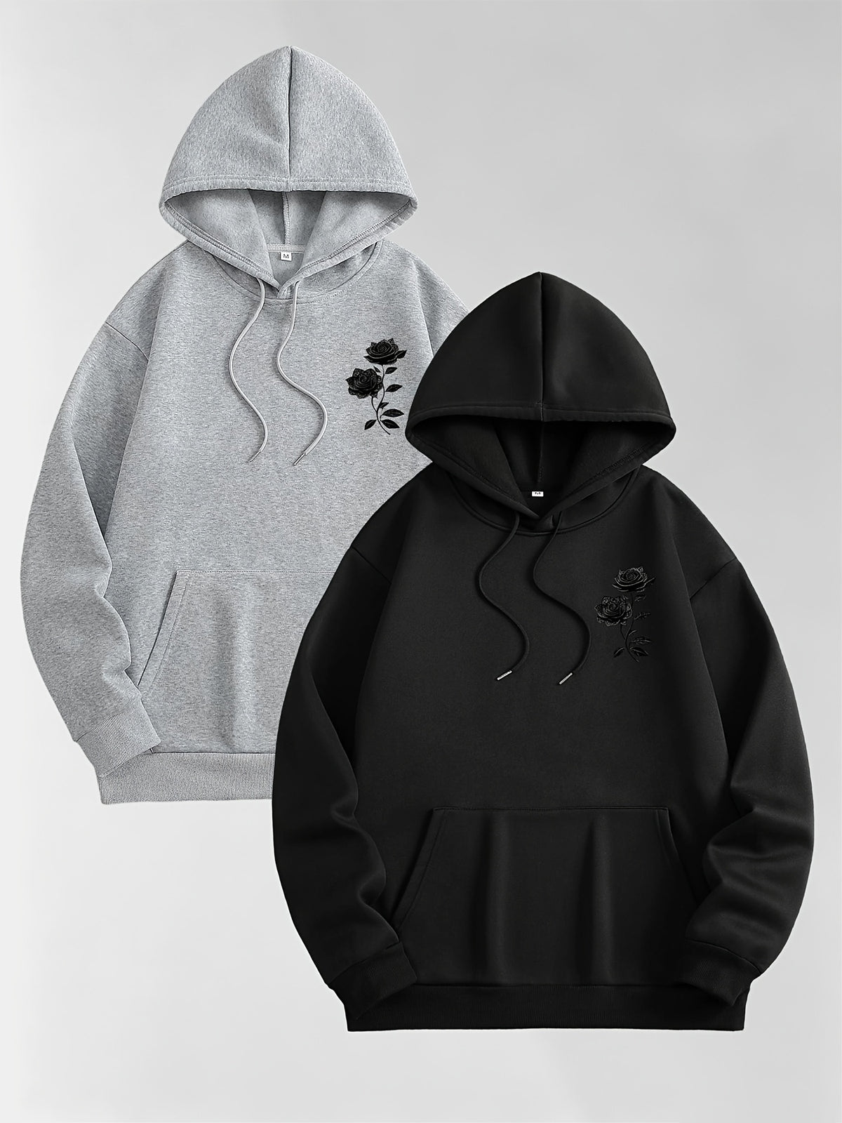 Men'S Autumn Winter Letter Print Hooded Fleece-Lined Sweatshirt, All-Match Sport Casual Loose Hooded Sweatshirt 2pcs Set - Black-Grey-