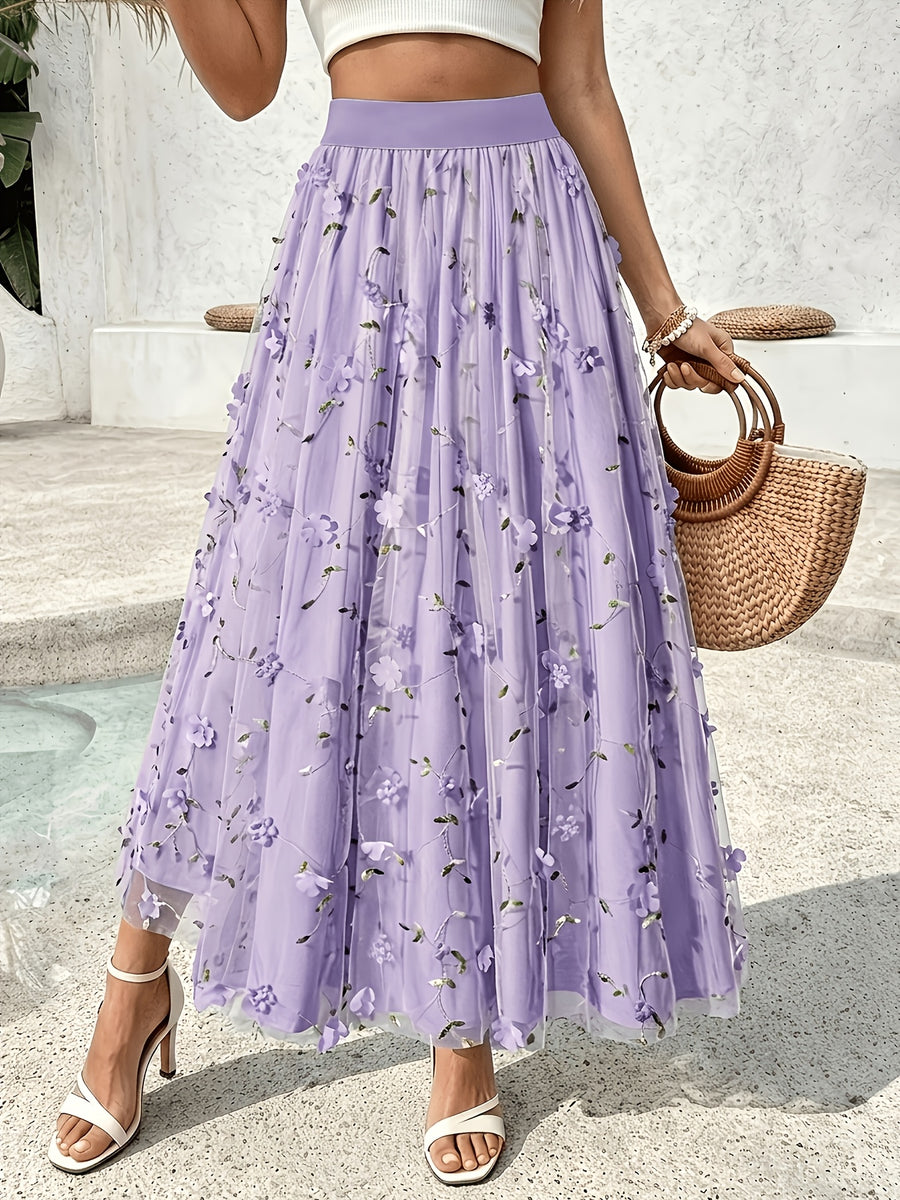 Women'S Elegant Spring Summer Embroidered Mesh Floral Appliqué A-Line Vacation Dress, Suitable for Vacation, Dating, Parties, Commuting And Other Occasions - Light Purple