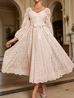Wedding Guest Dress Long Sleeve Lace Gown Bridesmaid Dress Button Square Neck Elegant Fashionable Soft Dress Romantic Evening Dress - Apricot