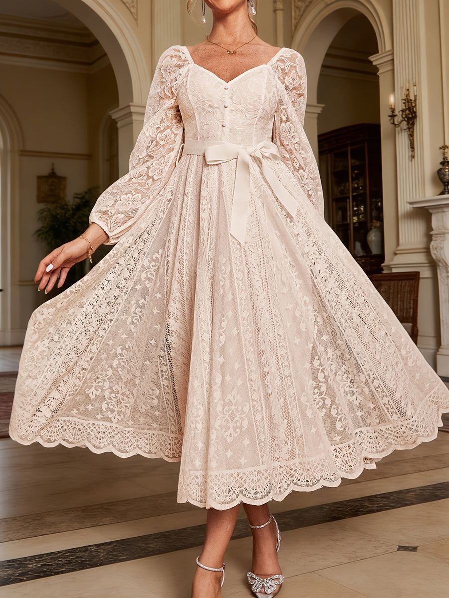 Wedding Guest Dress Long Sleeve Lace Gown Bridesmaid Dress Button Square Neck Elegant Fashionable Soft Dress Romantic Evening Dress - Apricot