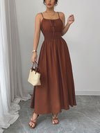 Elegant Bridesmaid Dress for Women, Spaghetti Strap Front Tie Bow Waist Smocked Waist-Cinched Oversized A-Line Long Maxi Dress, Fashion Women'S Dress for Wedding, Bridesmaid, Party, Date, Vacation & Daily Commute - Maroon