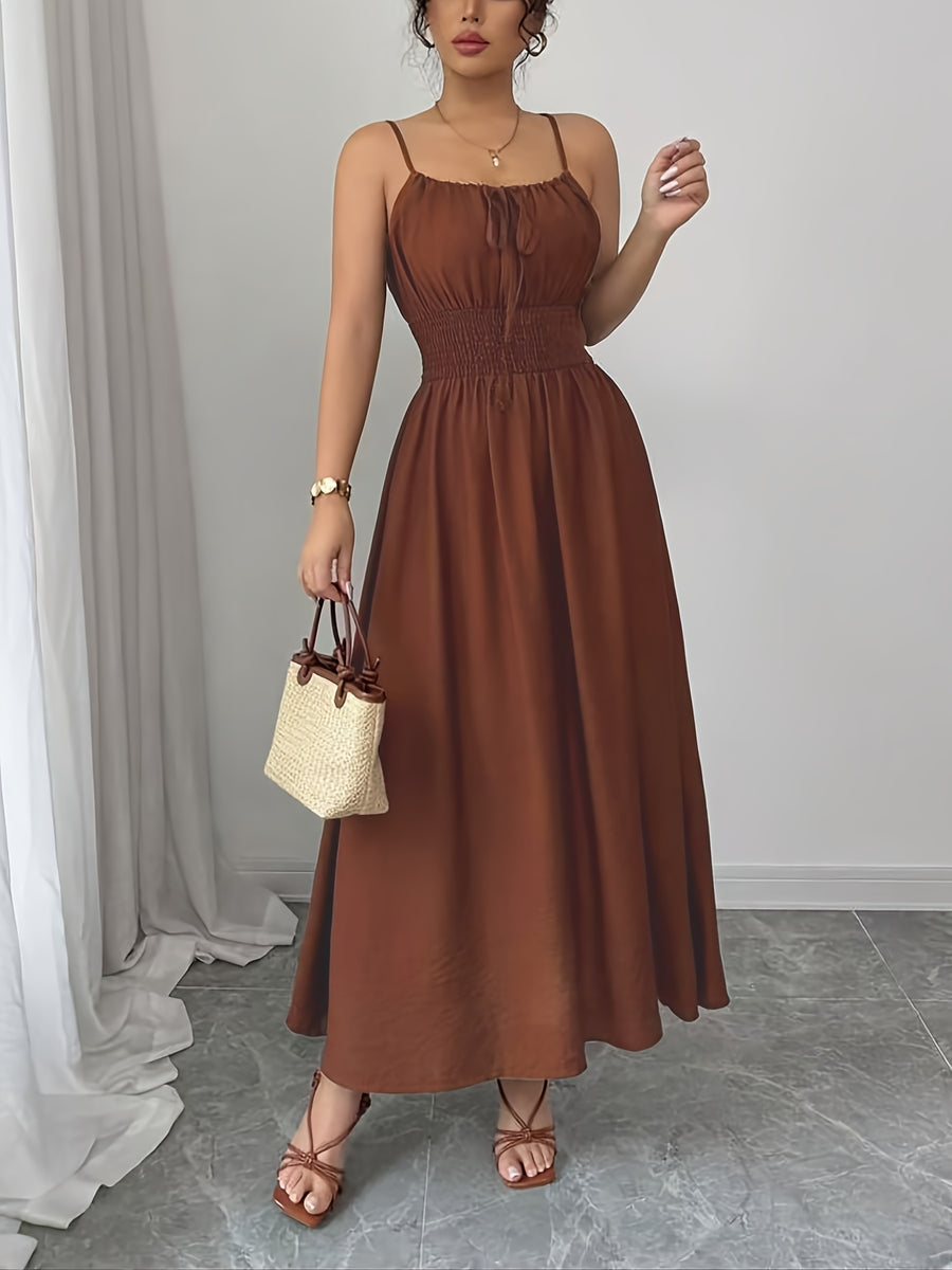 Elegant Bridesmaid Dress for Women, Spaghetti Strap Front Tie Bow Waist Smocked Waist-Cinched Oversized A-Line Long Maxi Dress, Fashion Women'S Dress for Wedding, Bridesmaid, Party, Date, Vacation & Daily Commute - Maroon