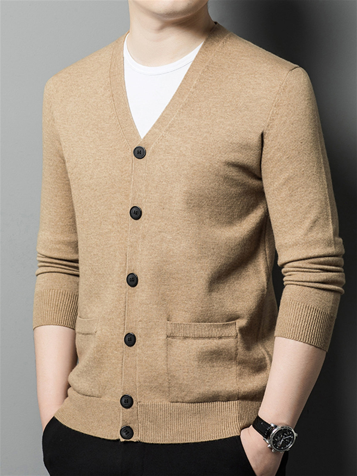 Autumn Winter Knit 3D Solid Color V-Neck Sweater, Basic Knit Cardigan for Men, Fashionable Long Sleeve Sweater, Cangyuan Y - Camel
