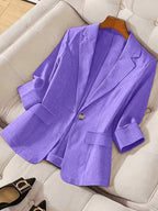 2026 New Solid Color Three-Quarter Sleeve Button Pocket Decoration Three-Dimensional Cut Slim Fit Commuter Casual Versatile Workplace - Violet