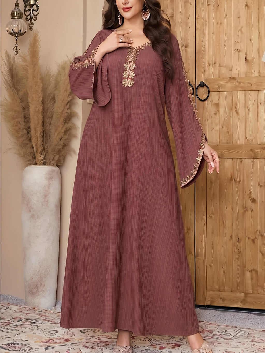Women's V-neck Long-sleeve Arabic Traditional Robe, Adorned with Appliqué Decorations. Women's Dress Suitable for Holidays and Daily Wear. Abaya Robe. Elegant Formal Dress. Women's Long Dress - Brick Red