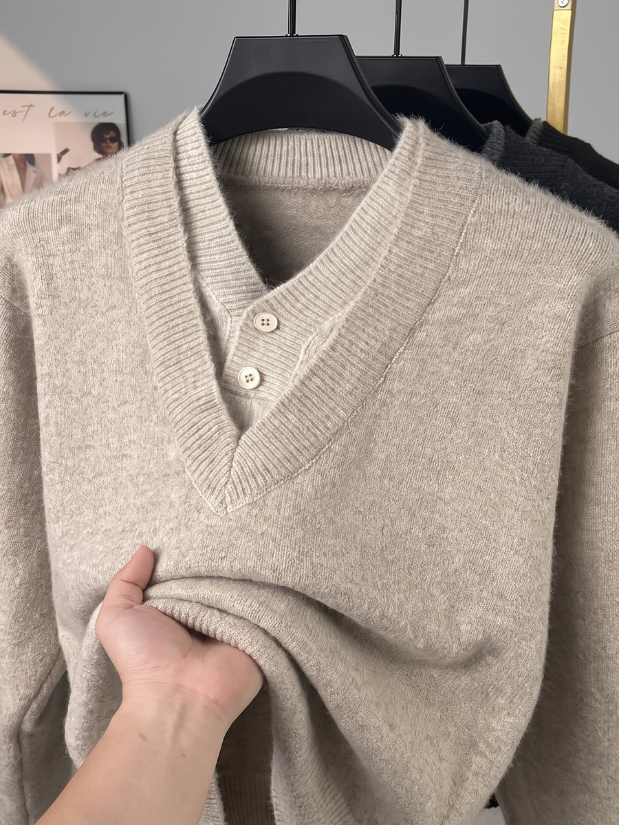 Autumn/Winter Men's 2-in-1 Look V-Neck Knitwear with Contrast Button Design, Warm Pullover Sweater - Apricot